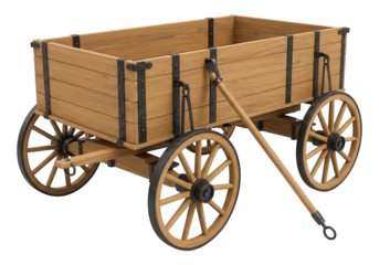 Wooden cart with large wheels and a pulling handle on a black background.