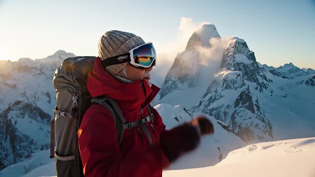 Hiker surveys mountain snow at sunrise. Mountaineer backpacker wears red jacket and goggle. Travel and adventure highlight peak vista. Calm winter exploration evokes outdoor lifestyle and sunlight.