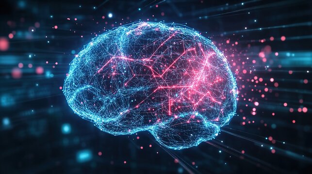 A futuristic artificial intelligence activity concept: a 3D image of a human brain with neon blue and red glowing networks on a digital circuit board, symbolizing data processing 
