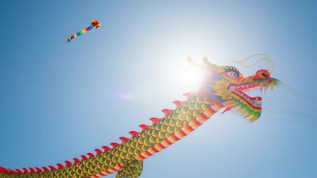 Dragon Kite Soars High in the Sky on a Sunny Day.