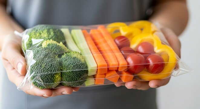 Fresh Vegetable Snack Pack with Broccoli Carrots Cherry Tomatoes Yellow Bell Peppers in Clear Plastic Container