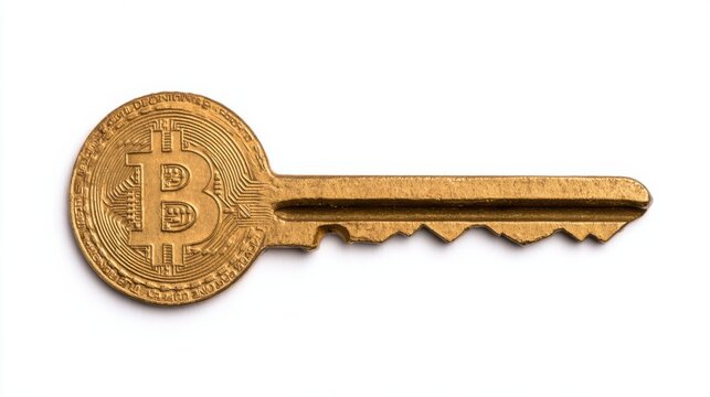 A Bitcoin key, symbolizing cryptocurrency and digital finance, features a coin-shaped head with the Bitcoin logo and a traditional key design.
