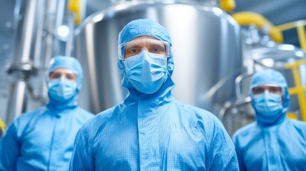 A group of researchers and workers in blue protective clothing stands confidently in a pharmaceutical factory, focusing on drug development processes with advanced equipment around them