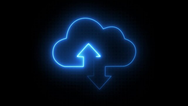 Cloud computing glowing neon Downloading .Neon cloud icon animation. Glowing neon cloud storage with arrows, Cloud computing glowing neon Downloading icon animation.Cloud computing .4k video animation