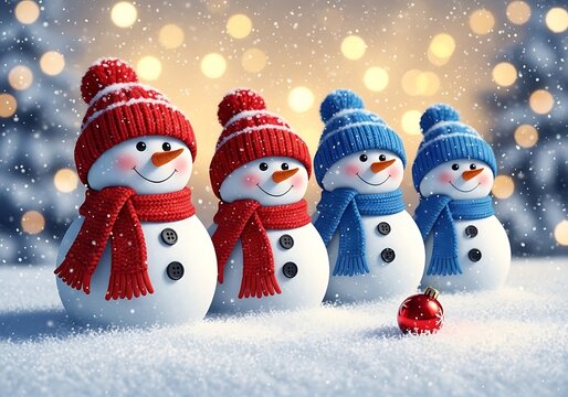 Corri seizinger four happy snowmen in knitted hats and scarves stand in the snow with bokeh lights