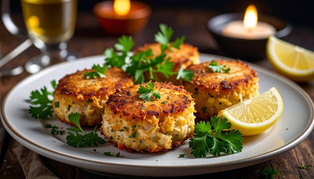 Crab cakes with lemon and parsley, restaurant lighting, ad composition