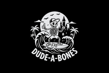 Fototapeta premium Cool Skeleton Surfer Dude-A-Bones Riding Waves at Night.