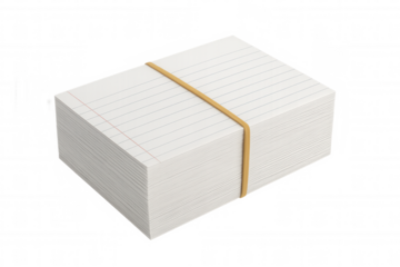 Stacked index cards with lines and red margin, held together by a rubber band, on a transparent background