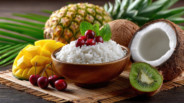 gourmet coconut rice with tropical fruits, exotic food photography style, copy space