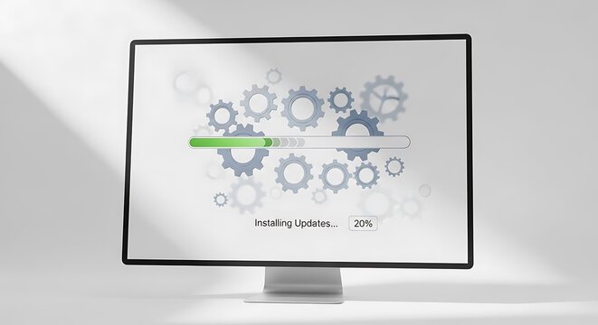 Computer screen displaying gears and cloud icons with a loading bar symbolizing progress and technology