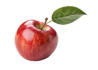 A single, ripe, red apple with a green leaf, isolated on transparent background