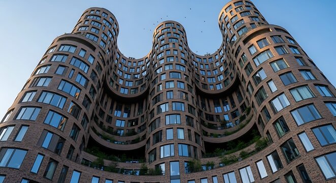 A modern, architectural ; a striking high-rise building with flowing, curved facades, showcasing an array of large windows against a clear blue sky.