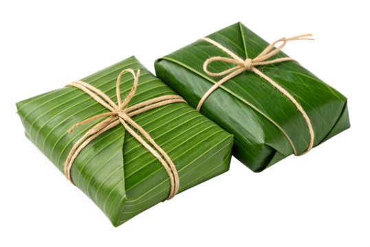 Two rectangular food items wrapped in green banana leaves and tied with twine, isolated on transparent background