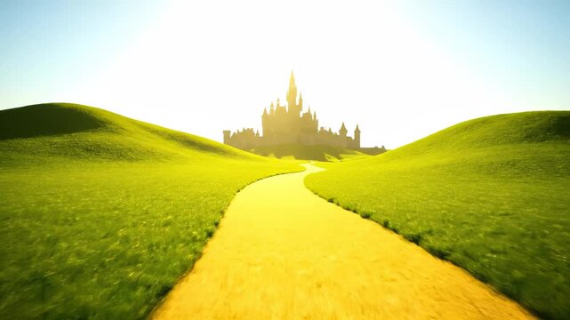 Yellow path leads to castle. Long winding path and road cross green grass and rolling hill under bright sun. Wide landscape evokes journey toward fantasy destination. Calm idyllic atmosphere serene.