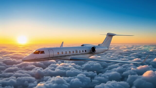 A sleek white private jet glides above fluffy clouds at sunset, the horizon painted warm. Soft glow