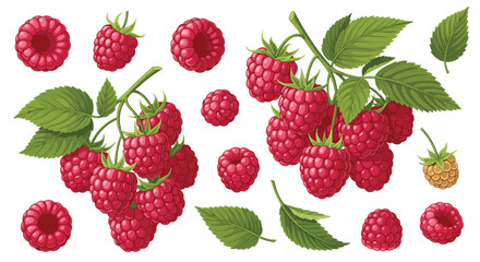 A vibrant collection of fresh raspberries and green leaves depicted in a pixel art style.