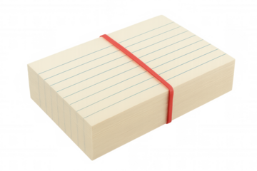 Stack of ruled index cards tied with a red rubber band, symbolizing learning, studying, and organization
