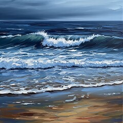 A dramatic coastal scene portrays crashing waves against a sandy shore, painted in shades of blue and brown.