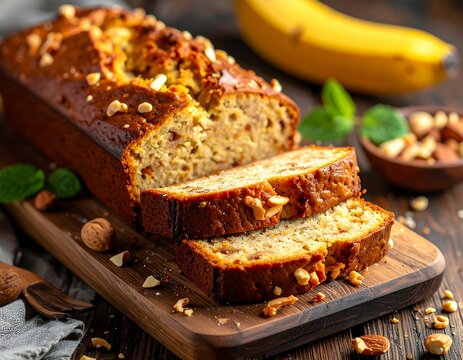 Sliced homemade loaf of nutty bread, bananas, and a wooden bowl - Powered by Adobe