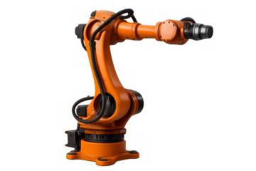 Orange robotic arm extending on transparent background