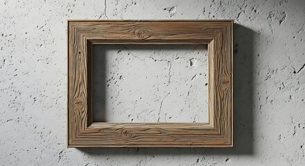 A rustic wooden picture frame stands out against a textured, light gray wall.