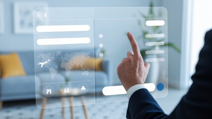 Hand Managing Global Bookings on a Digital Travel Interface. travel agent or user's hand confirming a booking on a translucent digital travel interface. The interface displays a minimalist world map