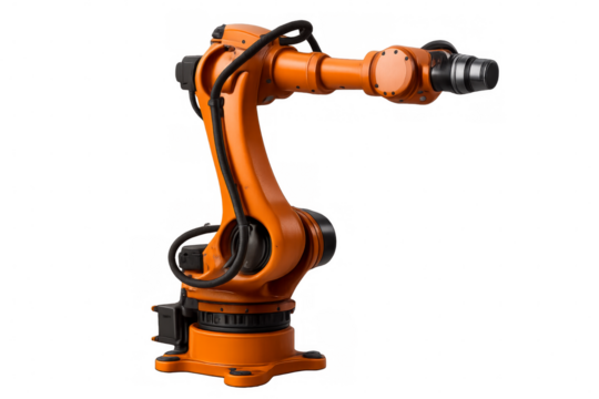 Orange robotic arm extending on transparent background