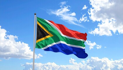 The South African flag waving proudly against a bright blue sky with scattered clouds, showcasing its six vibrant colors and unique design, symbolizing unity, heritage, and democratic transition.