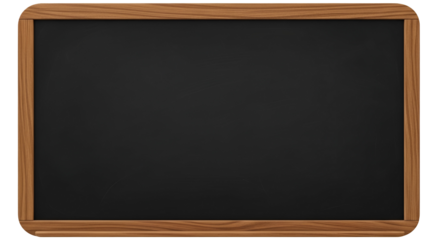 A blank, empty black chalkboard with a wooden frame, isolated on a transparent background for easy compositing and design