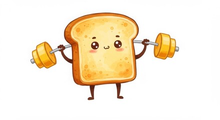 a cute cartoon toast character lifting a barbell in a whimsical hyper-realistic watercolor style illustration for decoration