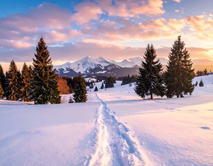 Snowy trail winds through forest toward majestic, snow-capped mountains at dusk