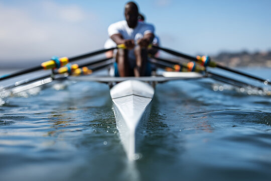 Close up, Rowing team paddling in synchronization on calm water