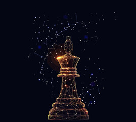 Abstract digital king chess piece formed by glowing connected lines and nodes with starry constellation background futuristic technology illustration