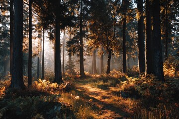 Obraz premium Scenic Autumn Woods Bathed in Golden Sunlight