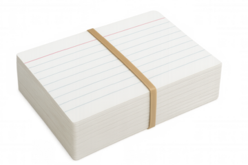 Stack of white lined index cards secured by a rubber band for studying, notes, and office organization
