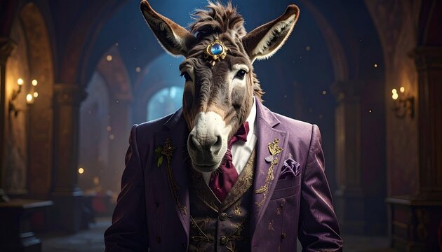 An upright donkey dressed in a blue suit with gold embroidery, white shirt, and bow tie, standing in a richly decorated interior with classical paintings and warm lighting, surreal and whimsical.