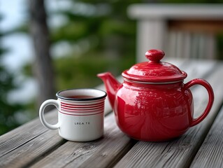 A red teapot and a cup of tea on a wooden table