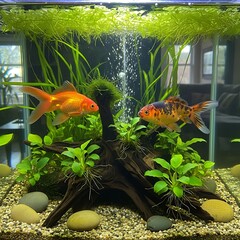 Two vibrant goldfish swim within a planted aquarium, showcasing a tranquil aquatic scene.