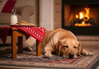 Golden labrador retriever dog sleeping by the fireplace with milk and cookies for santa claus