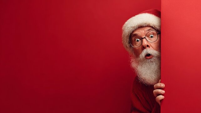 Surprised senior Caucasian man with glasses and a white beard peeking from behind a red wall. He wears a Santa hat and a red outfit, conveying a festive mood.