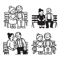 Loving Grandparents Sitting Together on Park Bench Simple Line Art Design. 