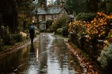 Autumn Rain Scene With Wet Leaves and Trees
