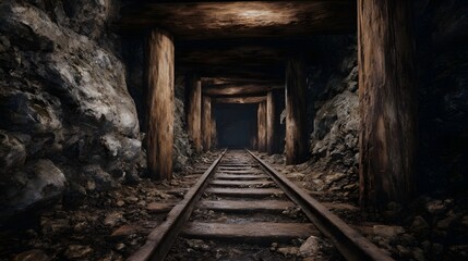 A dark and mysterious mine tunnel with weathered wooden supports and railway tracks leading into the depths