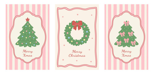 Vintage Merry Christmas greeting card set: hand-drawn Christmas trees, bows, ribbons, a wreath, snowflakes, and whimsical line frames.Modern vector design for posters, covers, banners, and backgrounds