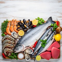Fresh seafood assortment displayed on a wooden board, including salmon, mackerel, tuna, shrimps, mussels, and oysters, garnished with herbs and lemon slices.