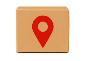 Cardboard box with location pin showing shipping destination on transparent background