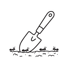  Minimalist Garden Trowel with Crawling Ants Black and White Line Art Design.