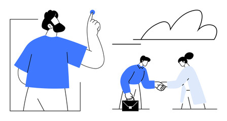 Man holding idea icon, two figures shaking hands representing partnership, cloud indicating innovation. Ideal for collaboration, teamwork, decision-making, brainstorming, networking, startup