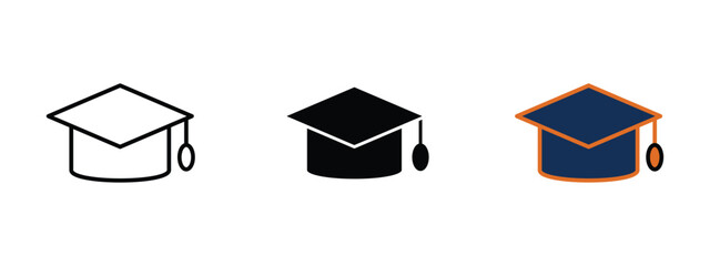 Grad Cap icon in EPS format on a clean white background, shown in stroke, solid, flat color, and shaded styles. Perfect for graduation, education, achievement, academic success, and student.