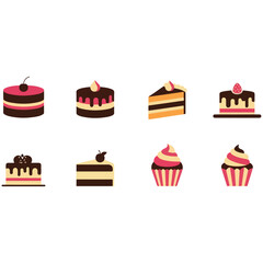 Birthday Celebration Cakes Vector Set: Collection of Cartoon Desserts with Candles, Icing Drip, and Berries - Slice, Tiered, and Round Bakery Icon Illustration